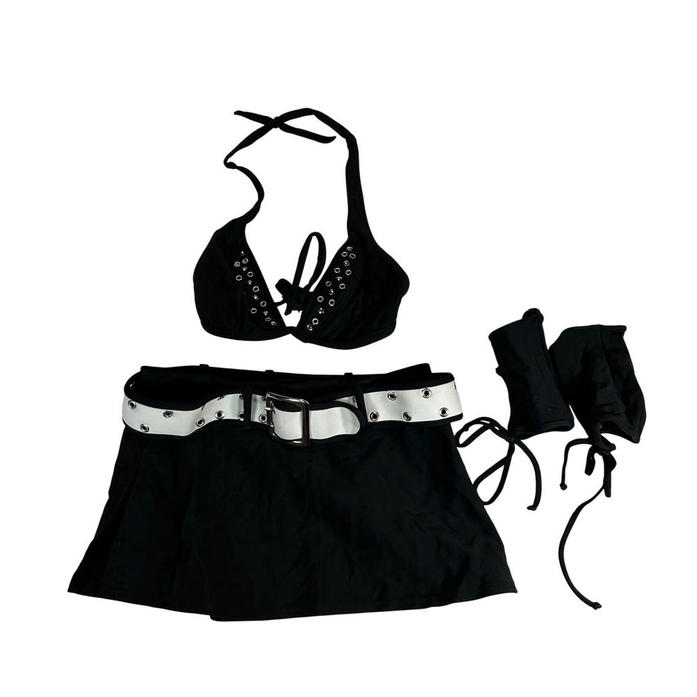 VTG Black Studded Halter Bikini Set with Belted Skirt Arm Warmers Small Y2K Goth